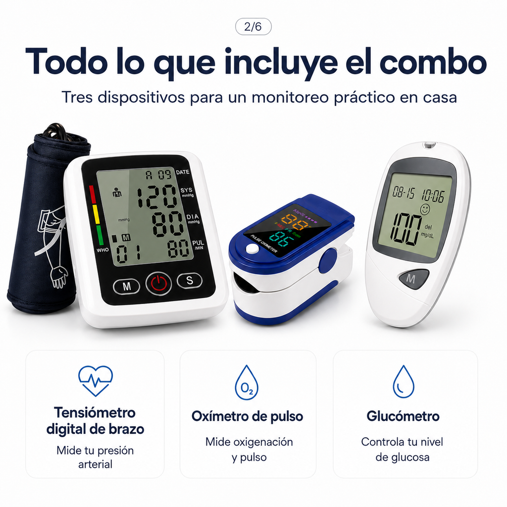 Combo Glucómetro + Tensiómetro digital con altavoz + Oxímetro de pulso