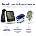 Combo Glucómetro + Tensiómetro digital con altavoz + Oxímetro de pulso