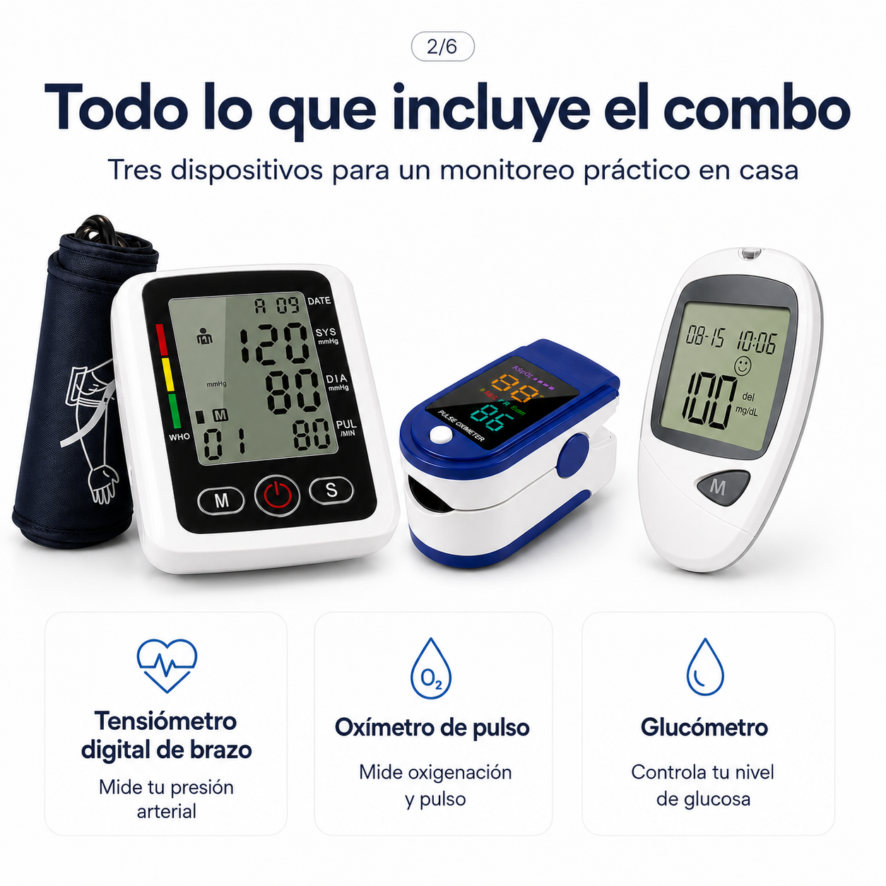Combo Glucómetro + Tensiómetro digital con altavoz + Oxímetro de pulso
