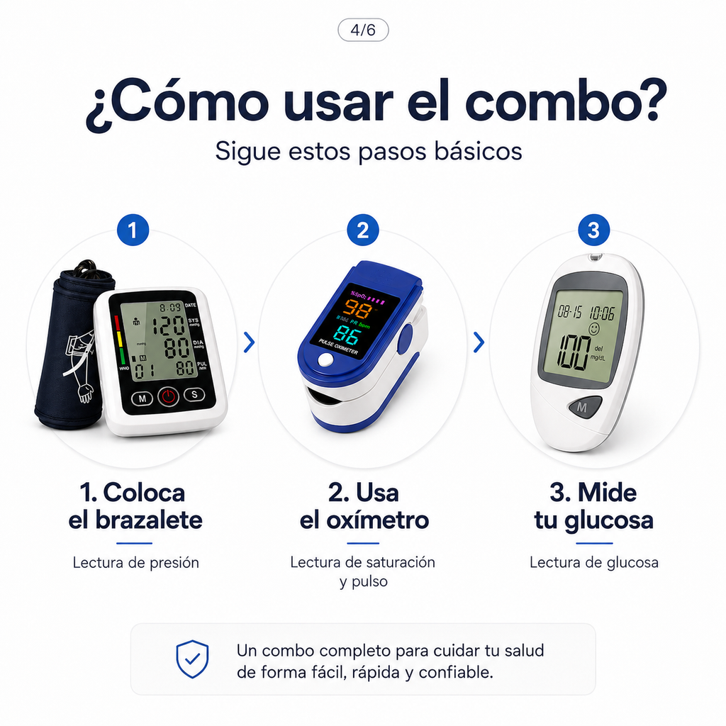 Combo Glucómetro + Tensiómetro digital con altavoz + Oxímetro de pulso