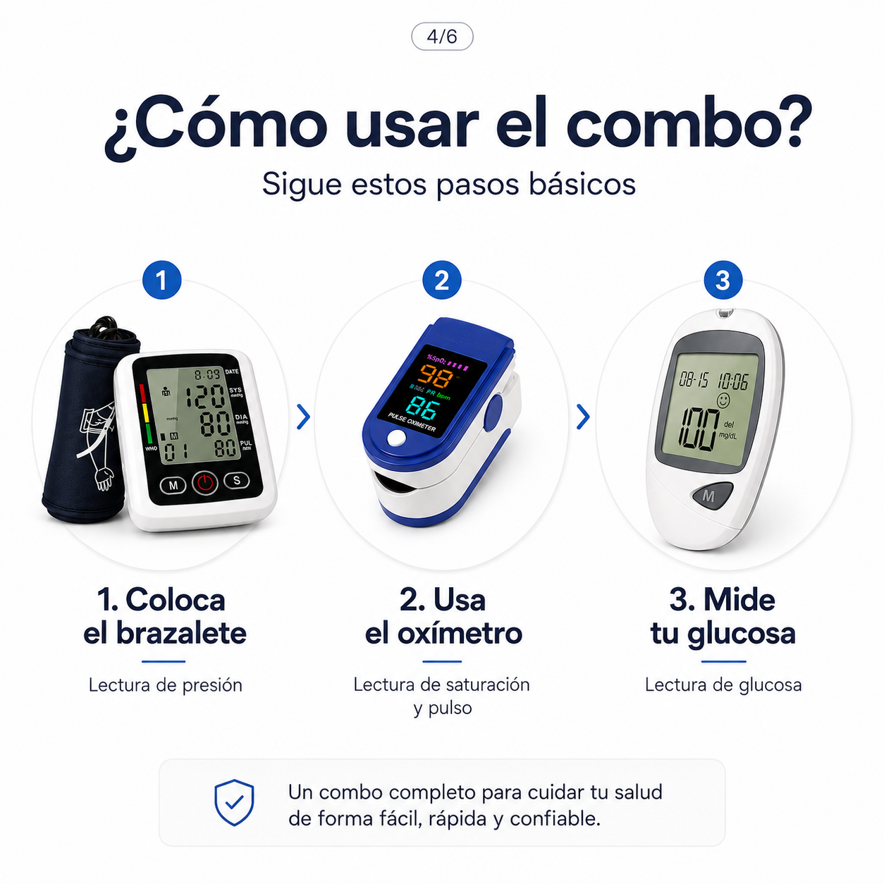 Combo Glucómetro + Tensiómetro digital con altavoz + Oxímetro de pulso