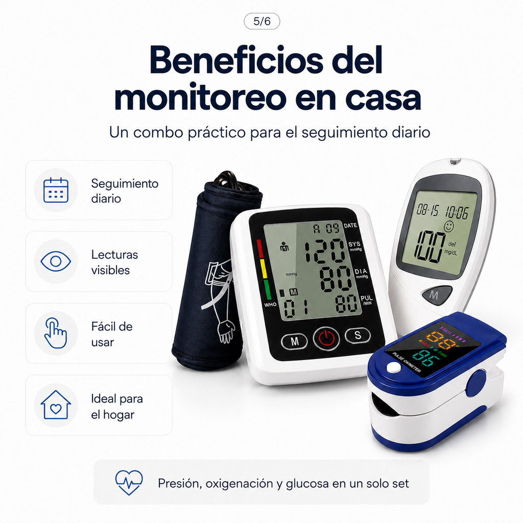 Combo Glucómetro + Tensiómetro digital con altavoz + Oxímetro de pulso