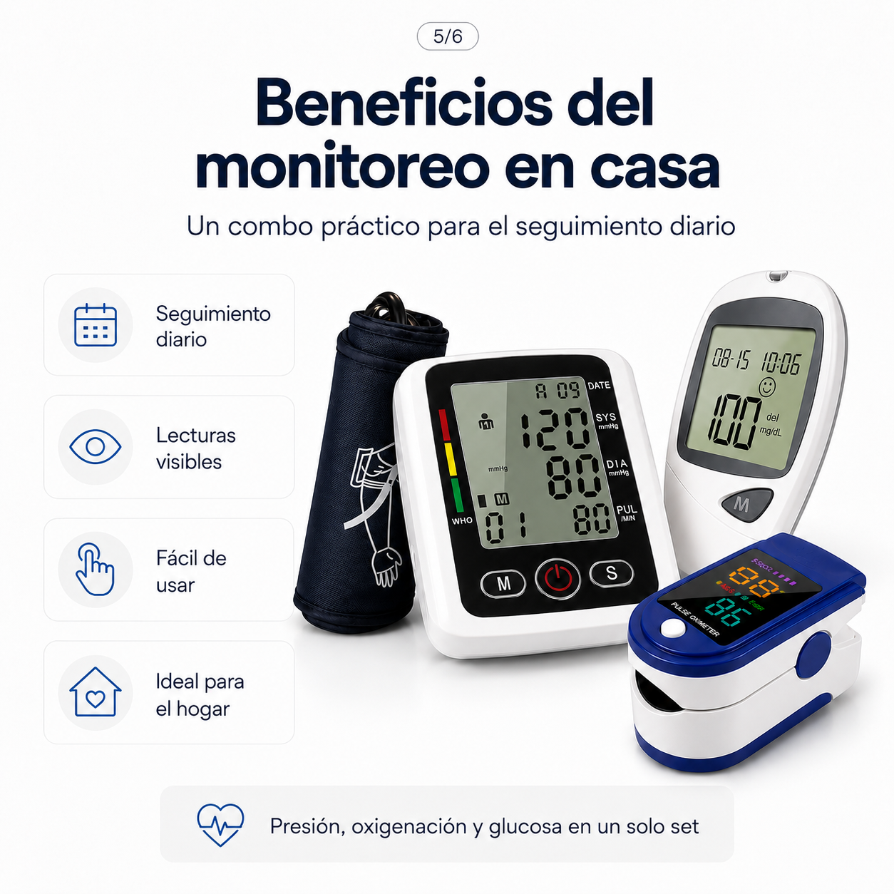 Combo Glucómetro + Tensiómetro digital con altavoz + Oxímetro de pulso