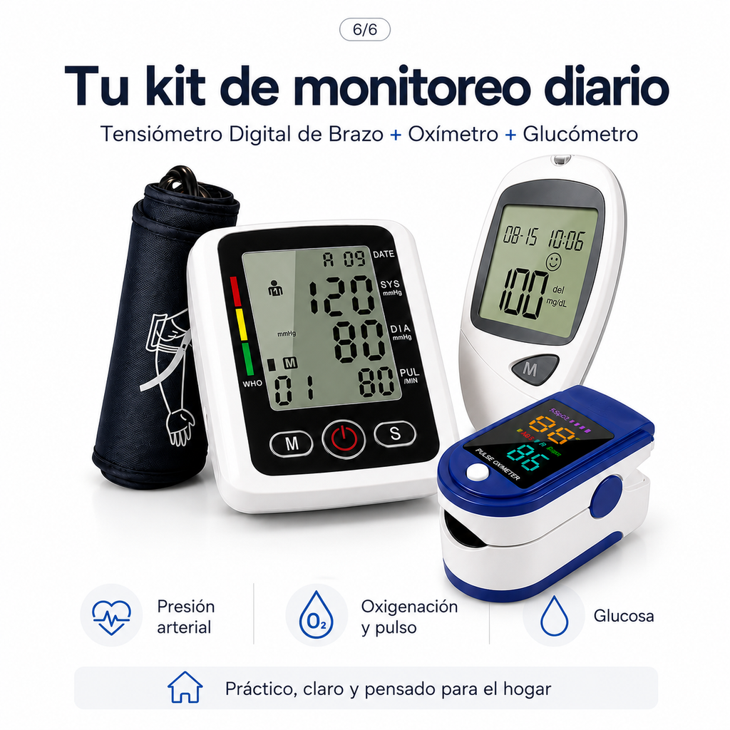 Combo Glucómetro + Tensiómetro digital con altavoz + Oxímetro de pulso