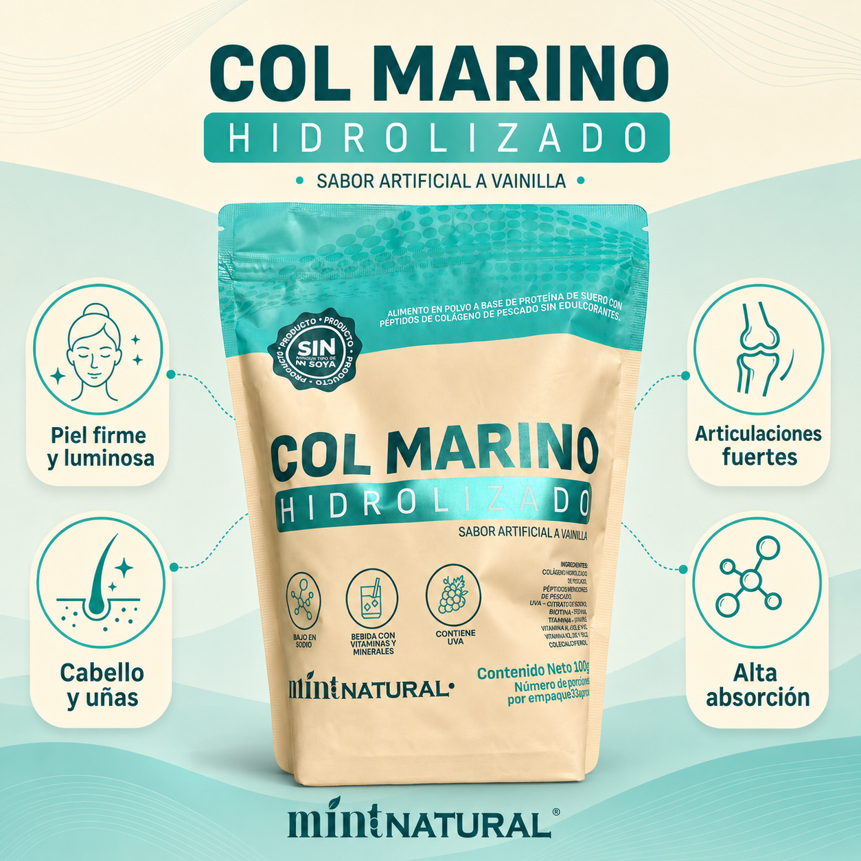 Colágeno Marino Hidrolizado Mint Natural sabor vainilla 100 g