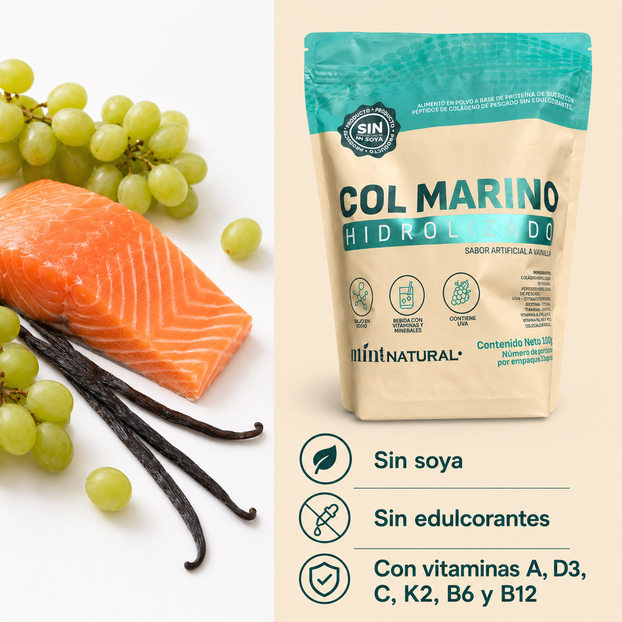 Colágeno Marino Hidrolizado Mint Natural sabor vainilla 100 g