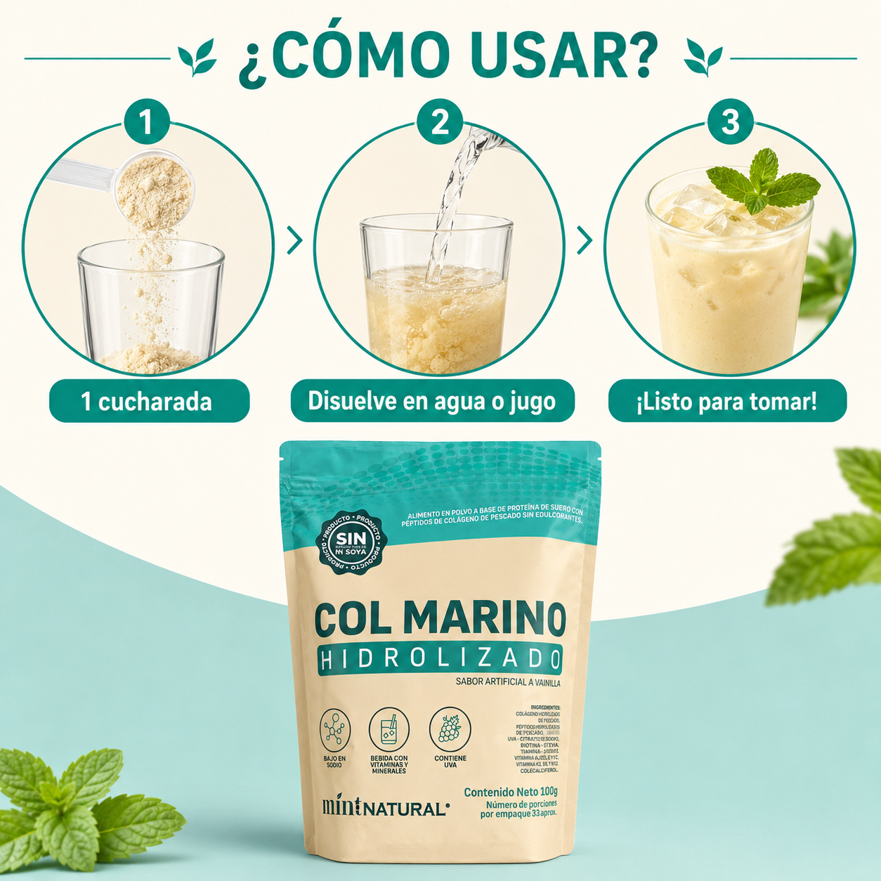 Colágeno Marino Hidrolizado Mint Natural sabor vainilla 100 g