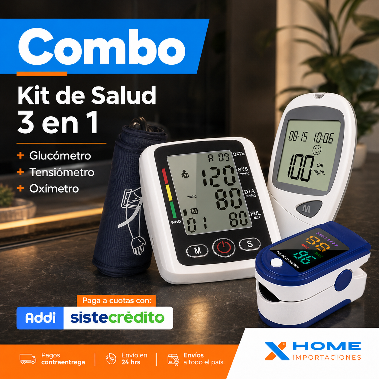 Combo Glucómetro + Tensiómetro digital con altavoz + Oxímetro de pulso